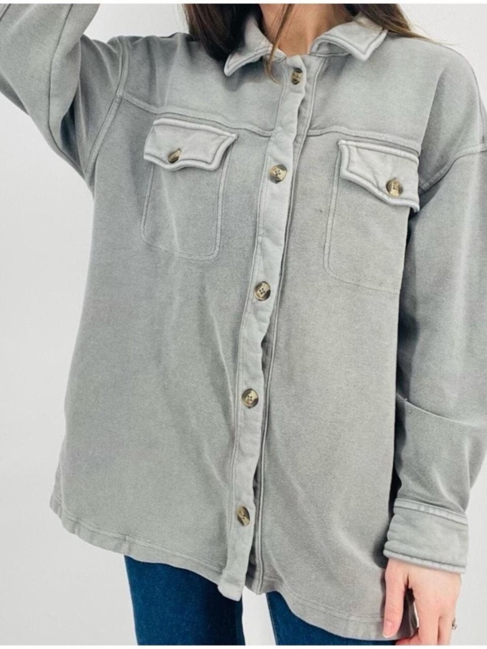 aerie Oversized Gray Distressed Trucker Shacket Flannel Jacket medium